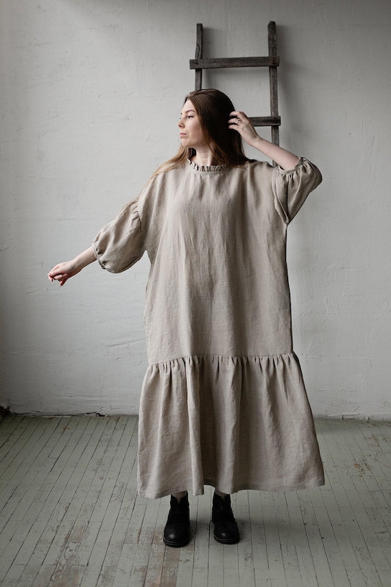Natural Linen Ruffle Kimono Dress: Oversized Maxi Dress