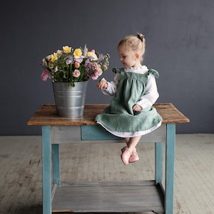 Mint Linen Pinafore Dress: Embroidered Baby Apron, Flower Girl Outfit image 9