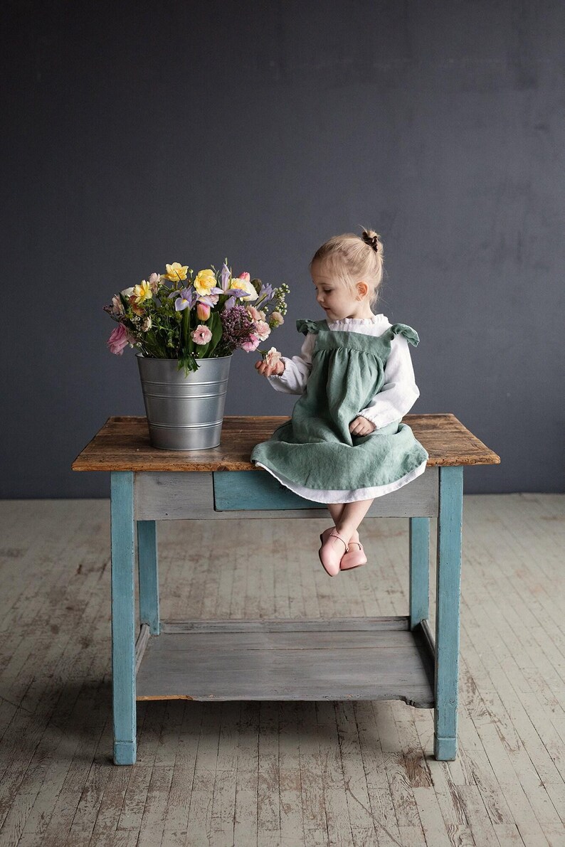 Mint Linen Pinafore Dress: Embroidered Baby Apron, Flower Girl Outfit image 9