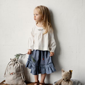 Dusty Blue Ruffle Skirt, Linen Ruffle Skirt, Different Embroideries, Baby Girl Skirt, Linen Clothes for Kids, Washed Linen Skirt image 2