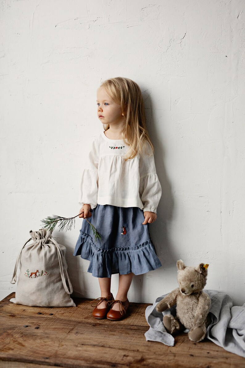 Dusty Blue Ruffle Skirt, Linen Ruffle Skirt, Different Embroideries, Baby Girl Skirt, Linen Clothes for Kids, Washed Linen Skirt image 2