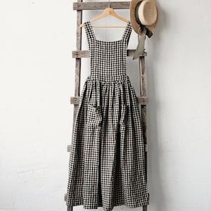 Black Gingham Linen Pinafore Dress: Cottage Apron with Pockets