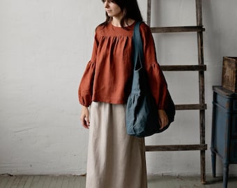 Rust Linen Victorian Tunic: Ruffled Long Sleeve Blouse