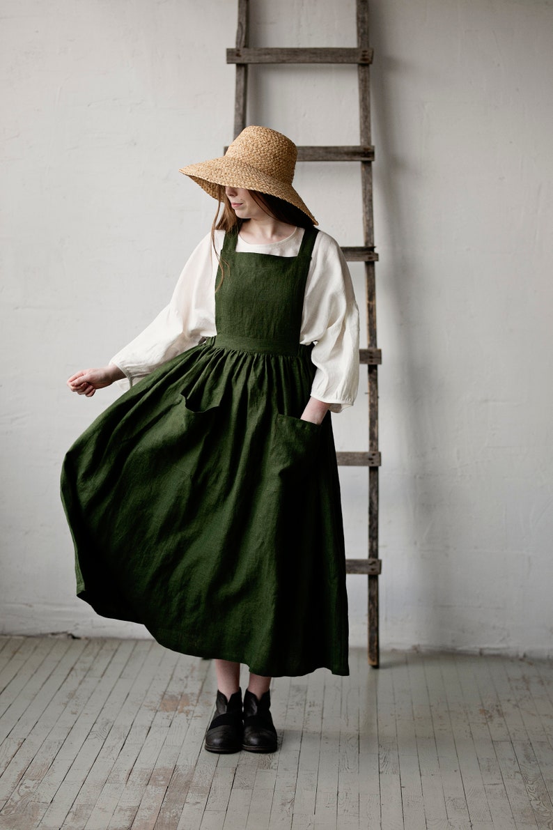 Forest Green Cottage Dress, Linen Pinafore Dress, Elastic Waist Dress, Linen Pinafore, Linen Dress for Women, Victorian Apron image 5