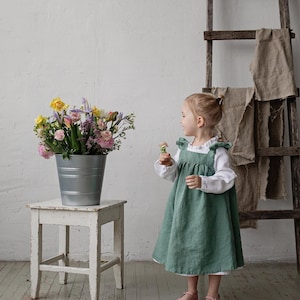 Mint Linen Pinafore Dress: Embroidered Baby Apron, Flower Girl Outfit image 1