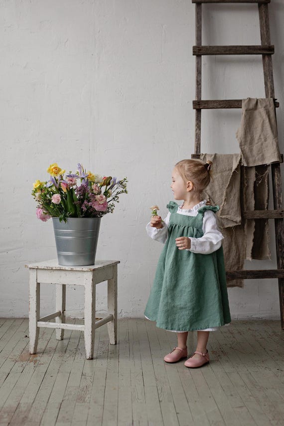 Mint Linen Pinafore Dress: Embroidered Baby Apron, Flower Girl Outfit