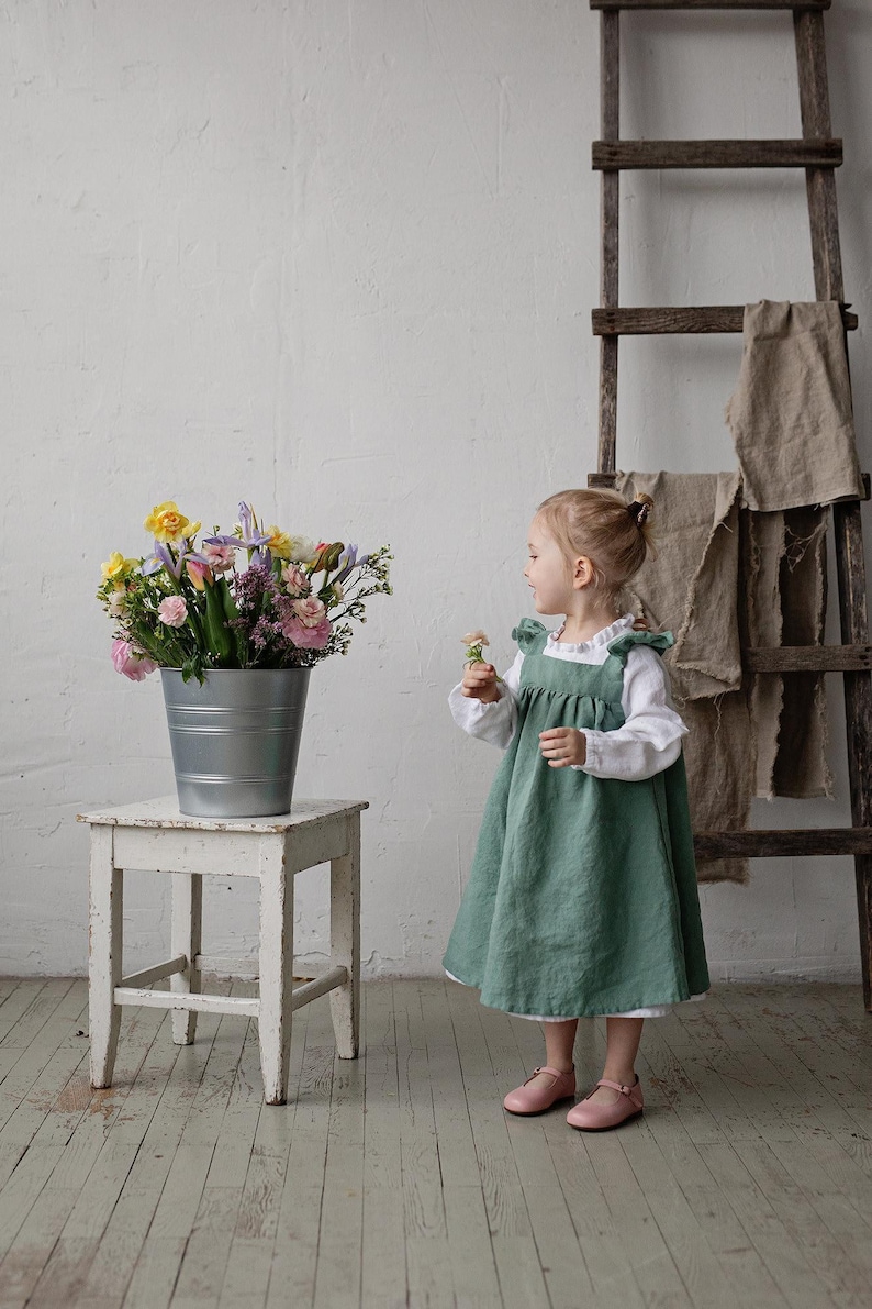 Mint Linen Pinafore Dress: Embroidered Baby Apron, Flower Girl Outfit image 1