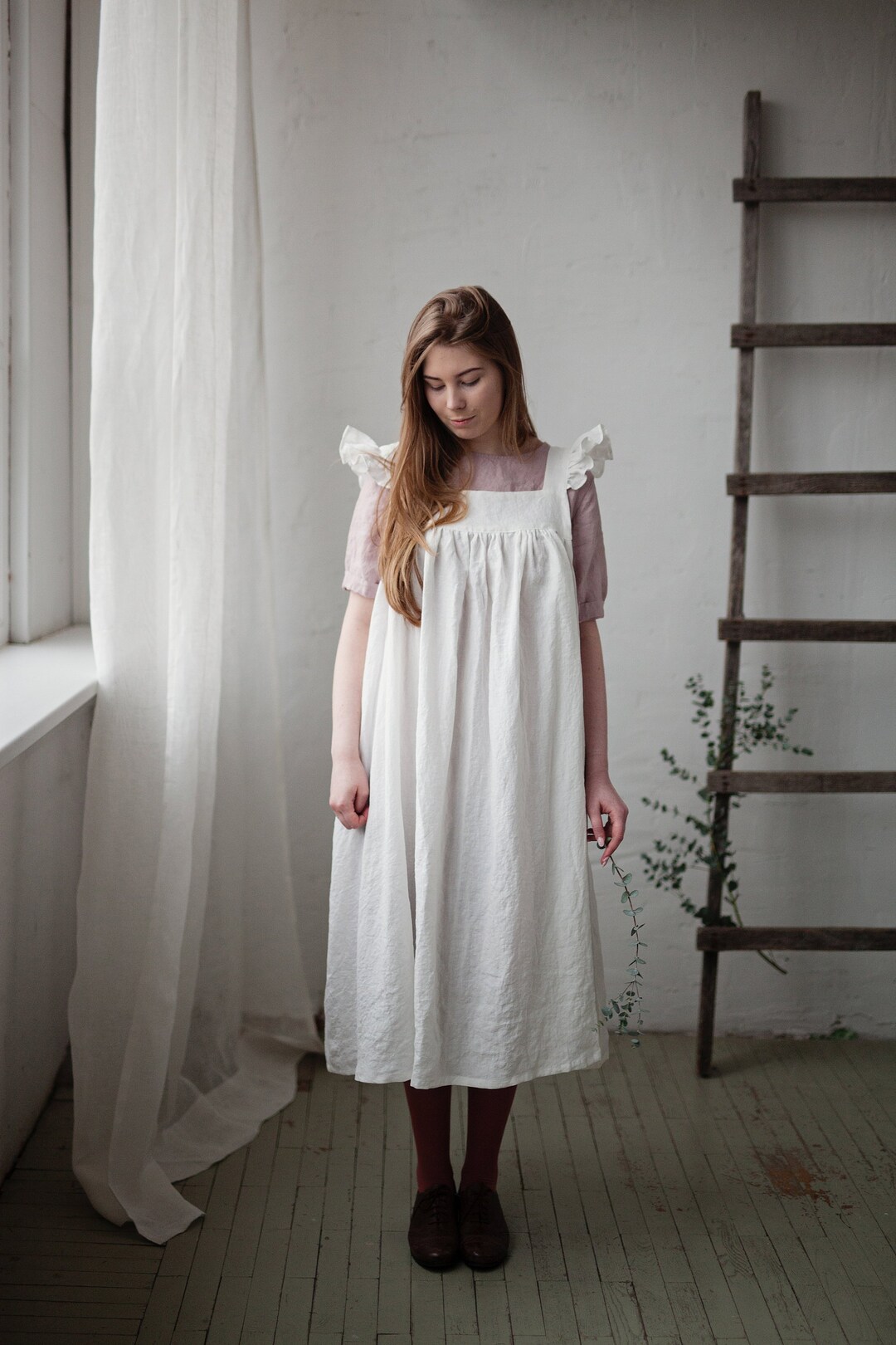 White Prairie Dress, Linen Dress With Flutter Sleeves, Oversized Apron ...