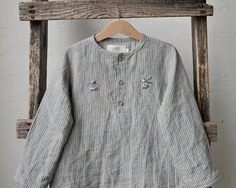 Steel Stripe Linen Shirt: Unisex Long Sleeve Kids Button Shirt
