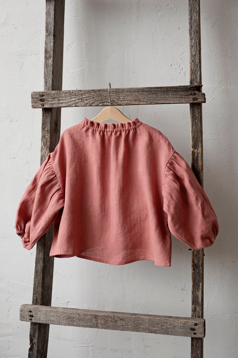 Salmon Parachute Linen Tunic, Different Embroideries, Linen Shirt for Girls, Long Sleeve Linen Tunic, Girl Linen Top, Baby Shirt image 5