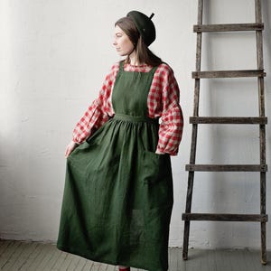 Forest Green Linen Pinafore Dress: Cross Back Apron