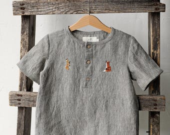 Embroidered Linen Shirt: B&W Stripe Unisex Kids Shirt
