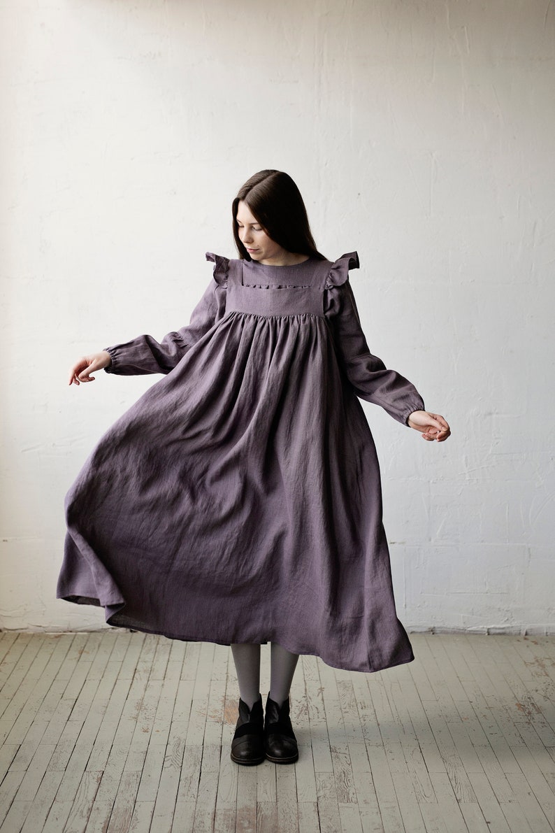 Mauve Prairie Dress, Linen Dress with Flutter Sleeves, Oversized Apron, Linen Dress with Wings, Linen Dress for Women, Victorian Style image 9