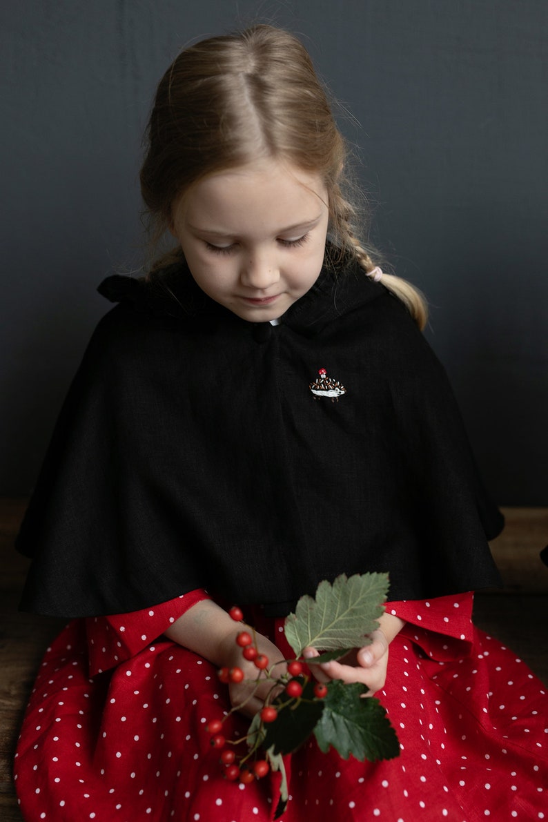 Black Little Red Riding Hood Cape, Different Embroideries, Hooded Linen Cape for Girls, Little Red Riding Hood Costume image 6