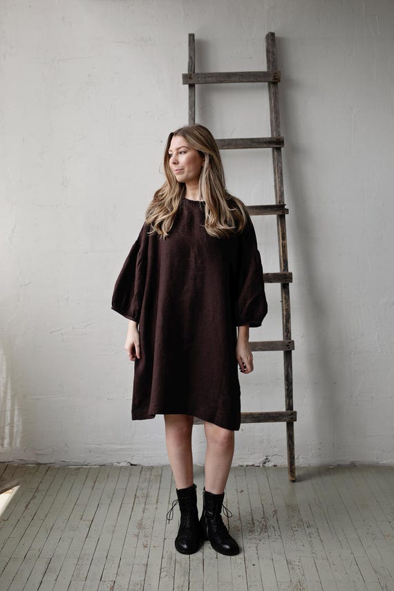 Daisy Short Linen Dress: Chocolate Color, Loose Fit (One Size)