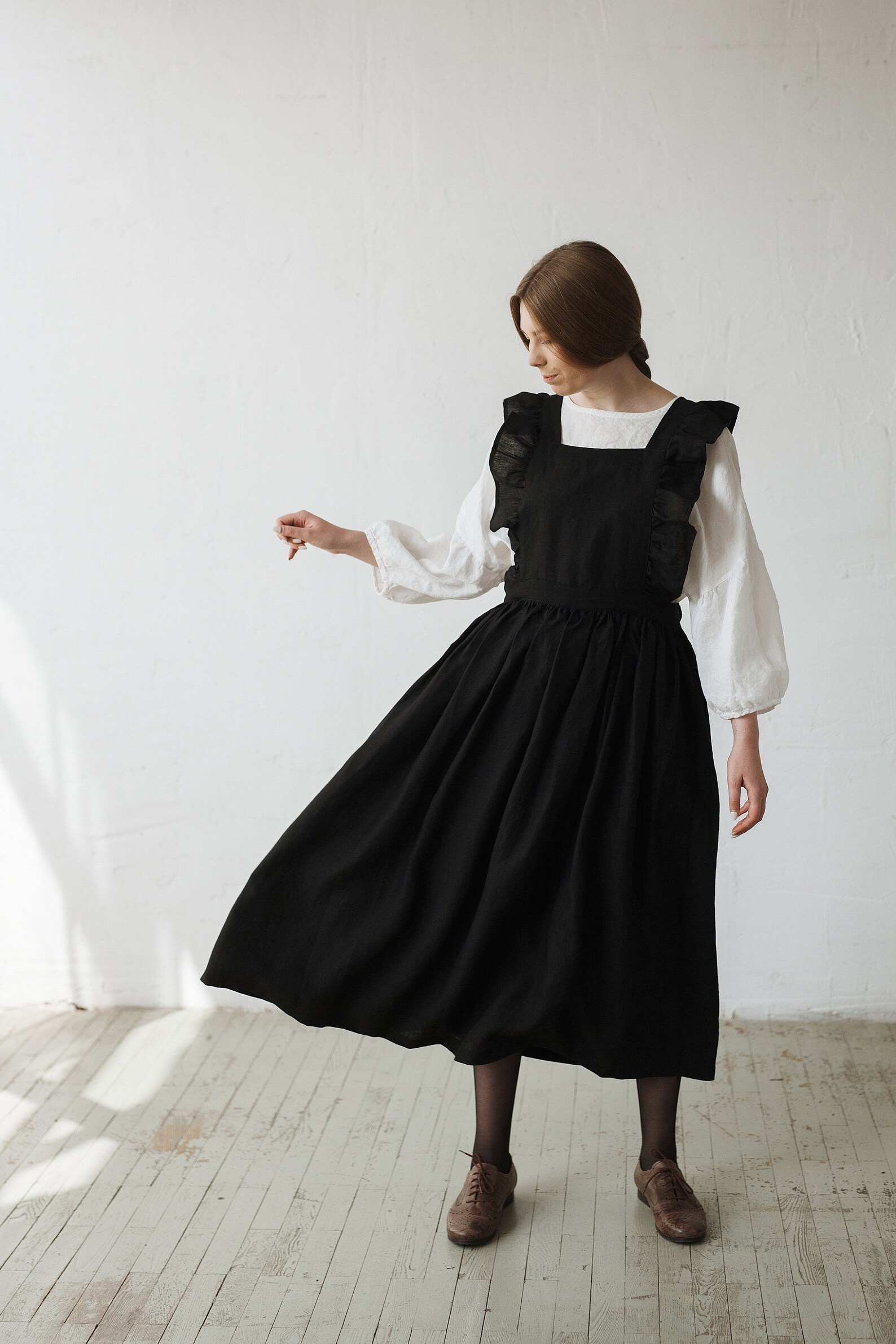 Black Long Vintage Dress Linen Pinafore Dress Elastic Waist - Etsy