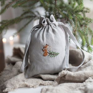 Linen Pouch Bag, Different Colours, Rabbit & Christmas Tree Embroidery, Laundry Bag, Nursery Decor, Toy Storage Bag, Gift for Women