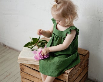 Apple Green Pinafore Dress, Linen Pinafore Dress, Different Embroideries, Linen Dress Girls, Baby Apron, Flower Girl Dress, Dress Girls