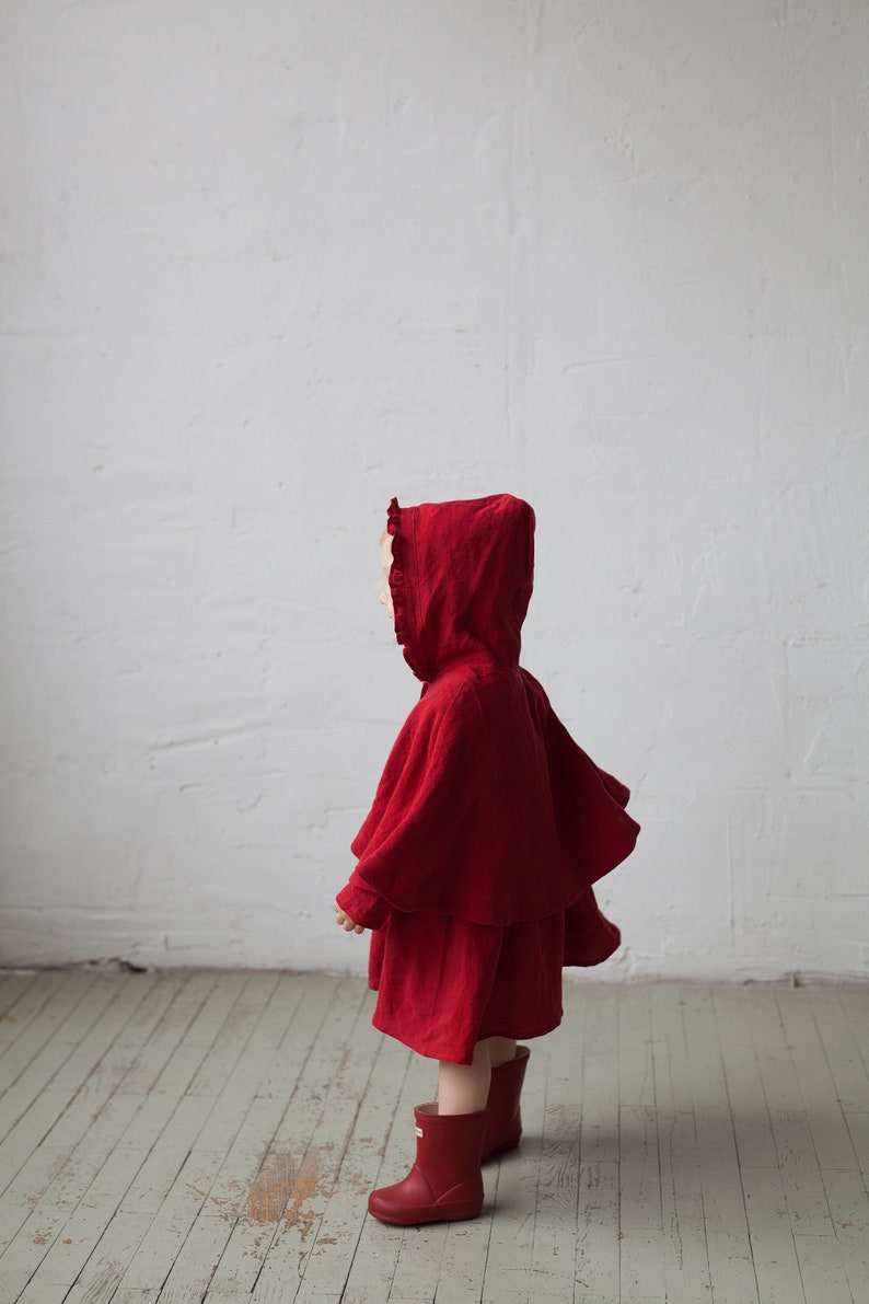 Cherry Little Red Riding Hood Cape, Different Embroideries, Hooded Linen Cape for Girls, Little Red Riding Hood Costume image 3