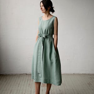 Women Summer Vintage 100% Linen Sleeveless A-Line Midi Dress