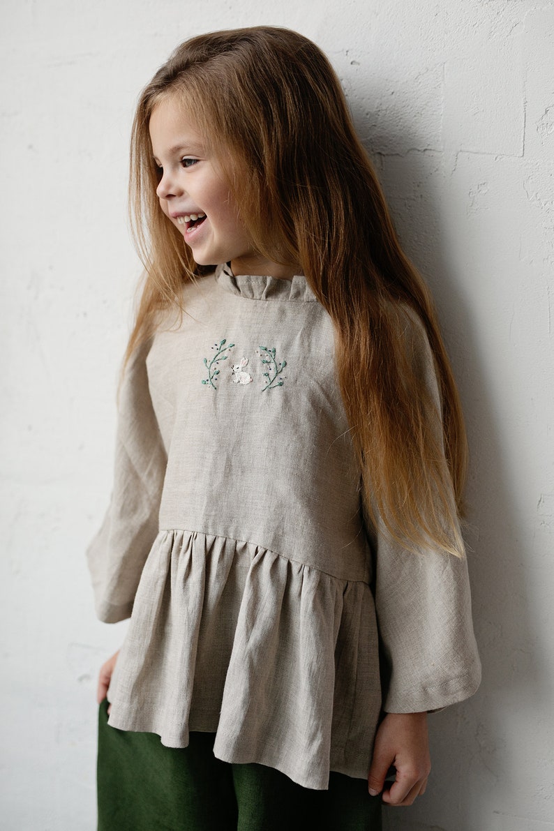 Natural North Tunic, Different Embroideries, Linen Shirt for Girls, Long Sleeve Linen Tunic, Girl Linen Top, Baby Shirt image 8