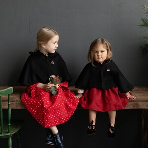 Black Little Red Riding Hood Cape, Different Embroideries, Hooded Linen Cape for Girls, Little Red Riding Hood Costume image 5