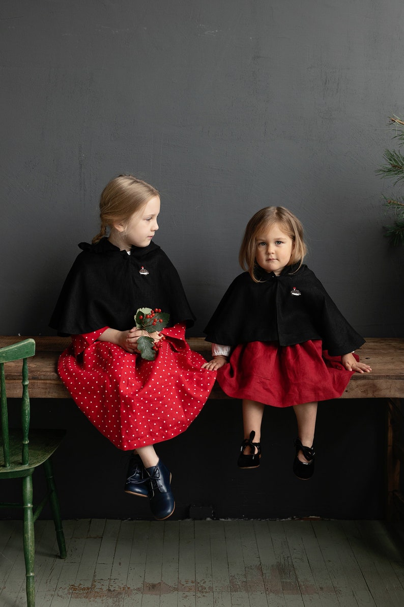 Black Little Red Riding Hood Cape, Different Embroideries, Hooded Linen Cape for Girls, Little Red Riding Hood Costume image 5