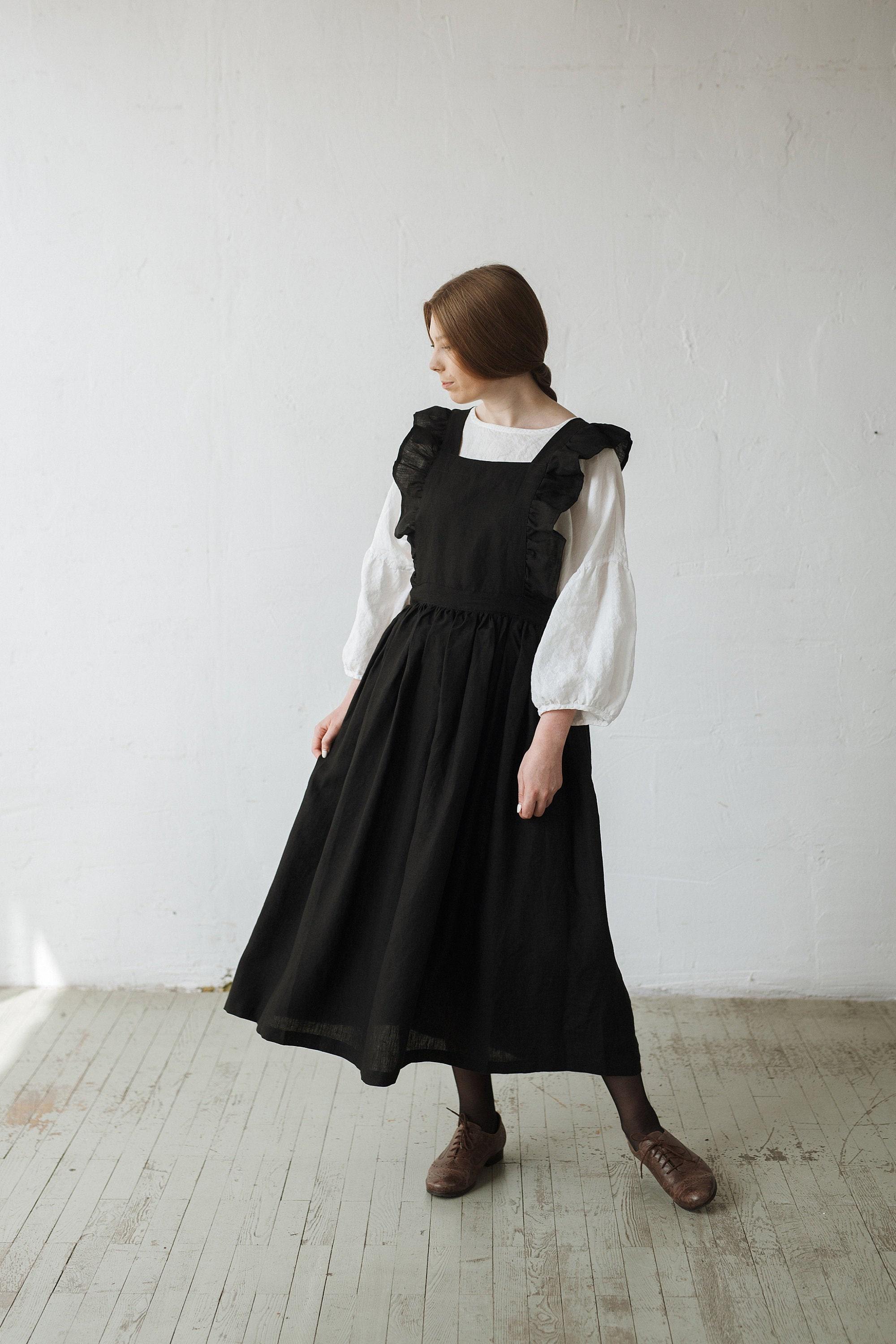 allthebeautifullinen Black Long Vintage Dress Linen Pinafore Dress Elastic Waist Dress Linen Pinafore with Wings Linen Dress for Women Victorian Apron