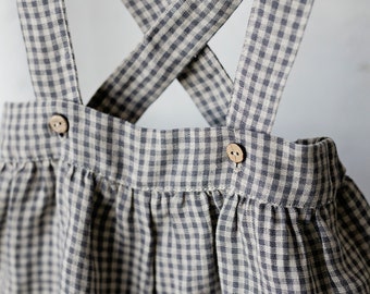 Grey Gingham Shorts with Suspenders, Different Embroideries, Linen Bloomers, Baby Bloomers, Baby Shorts, Linen Shorts for Kids