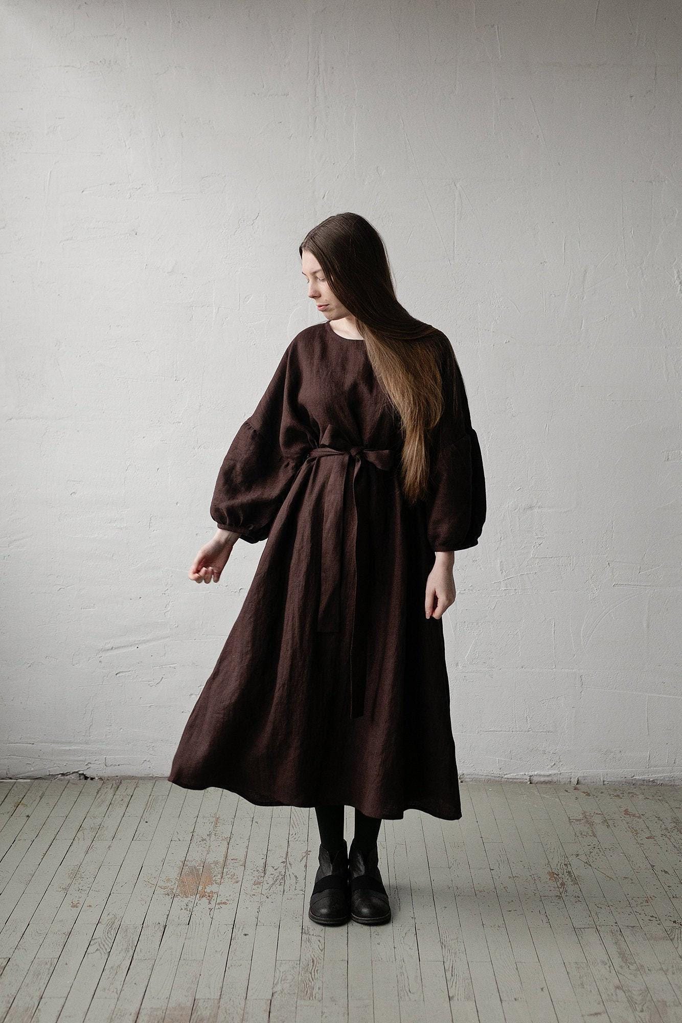 Chocolate Brown Linen Dress - Etsy Canada