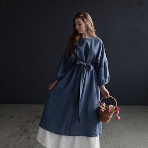 Dusty Blue Kimono Dress, Oversized Linen Dress, Linen Dress, Linen Dress for Women, Plus Size Linen Dress, Loose Linen Dress, Maxi Dress image 8