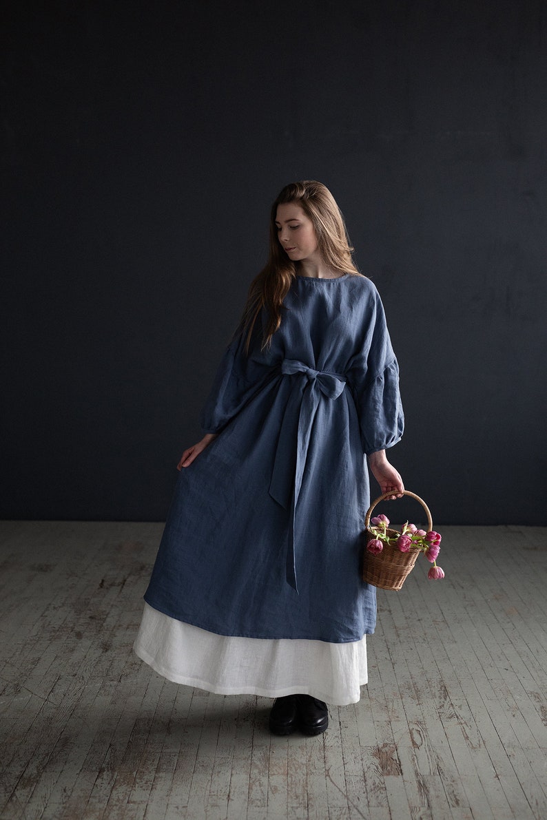 Dusty Blue Kimono Dress, Oversized Linen Dress, Linen Dress, Linen Dress for Women, Plus Size Linen Dress, Loose Linen Dress, Maxi Dress image 8