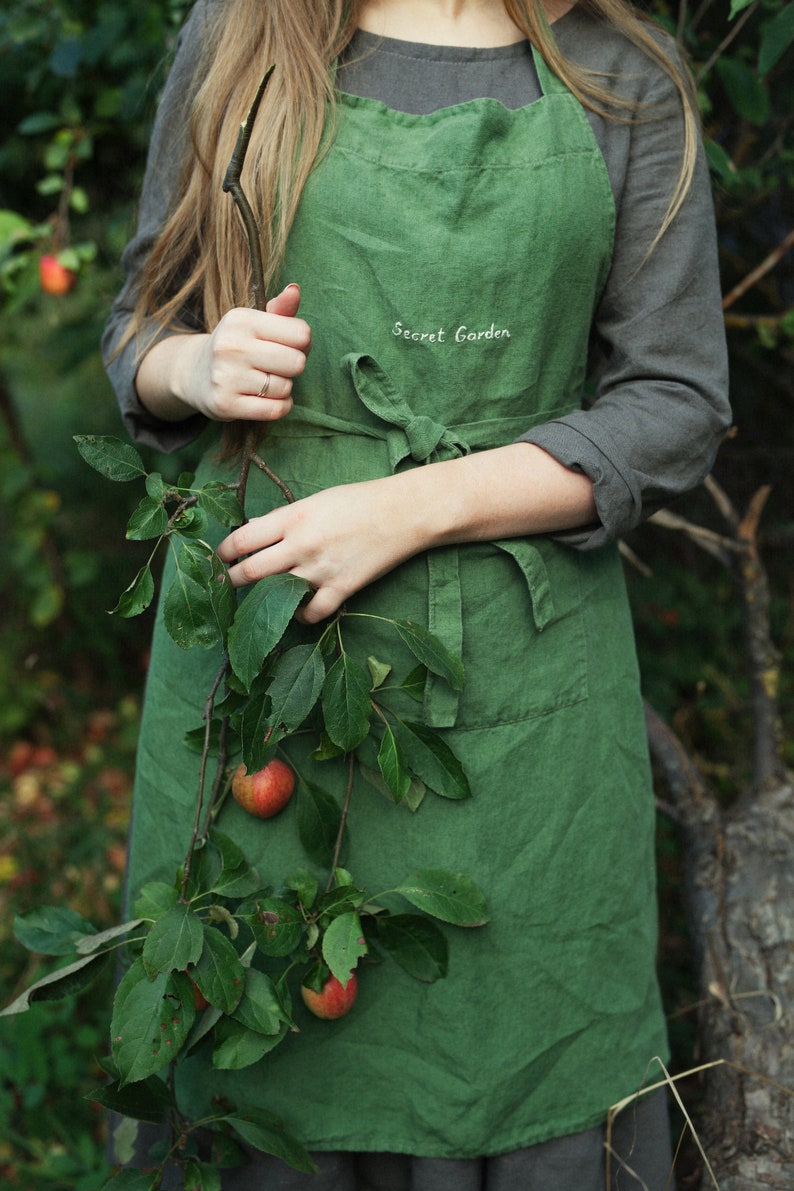 Traditional Linen Apron Hand Embroidery Green Apron Kitchen Etsy