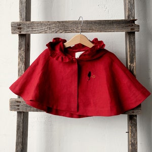 Cherry Little Red Riding Hood Cape, Different Embroideries, Hooded Linen Cape for Girls, Little Red Riding Hood Costume image 8