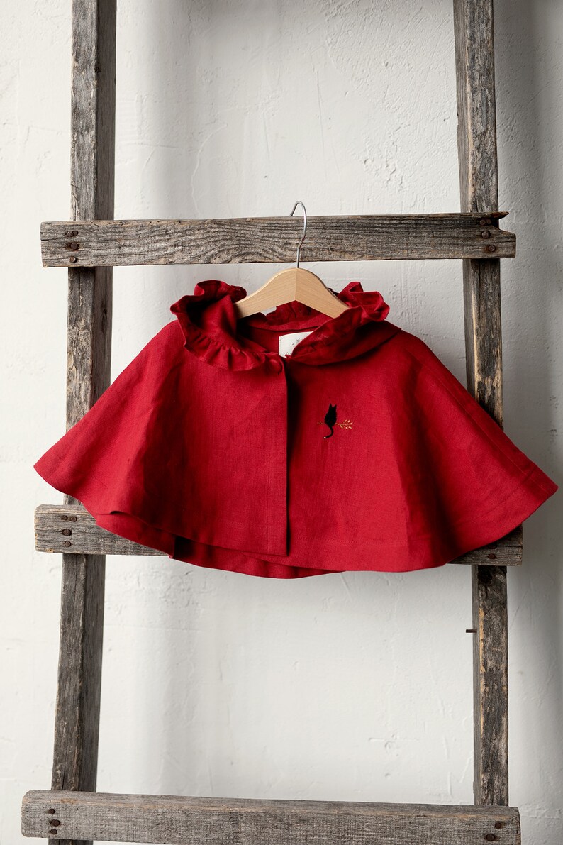 Cherry Little Red Riding Hood Cape, Different Embroideries, Hooded Linen Cape for Girls, Little Red Riding Hood Costume image 8