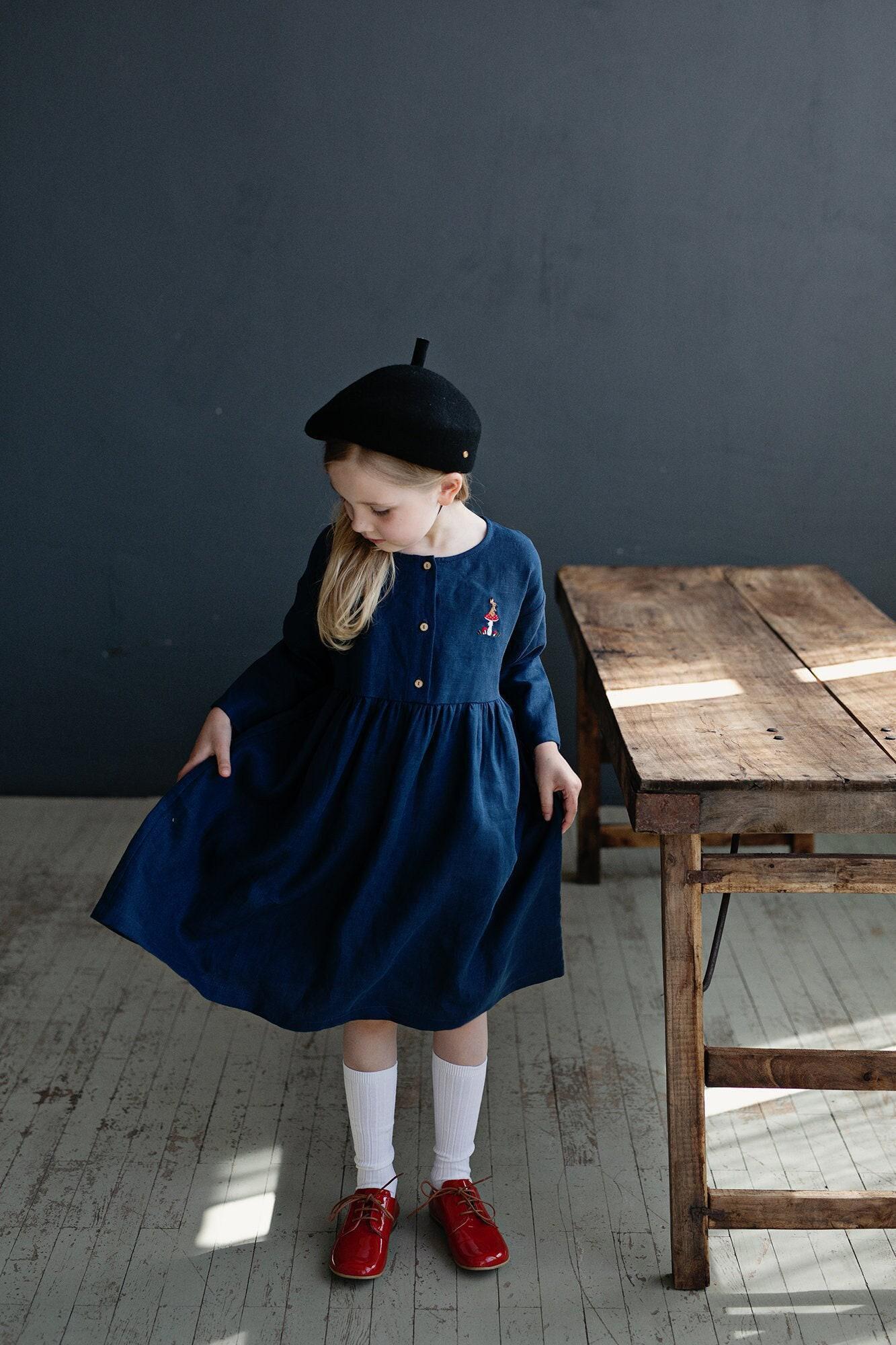 Navy Blue Linen Girl's Dress: Embroidered Anemone Flower