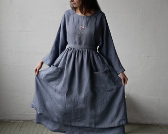 Dusty Blue Midi Cross Back Pinafore, Linen Pinafore, Linen Apron, Cooking Apron, Kitchen Linen Apron, Apron for Women, Washed Linen Pinafore