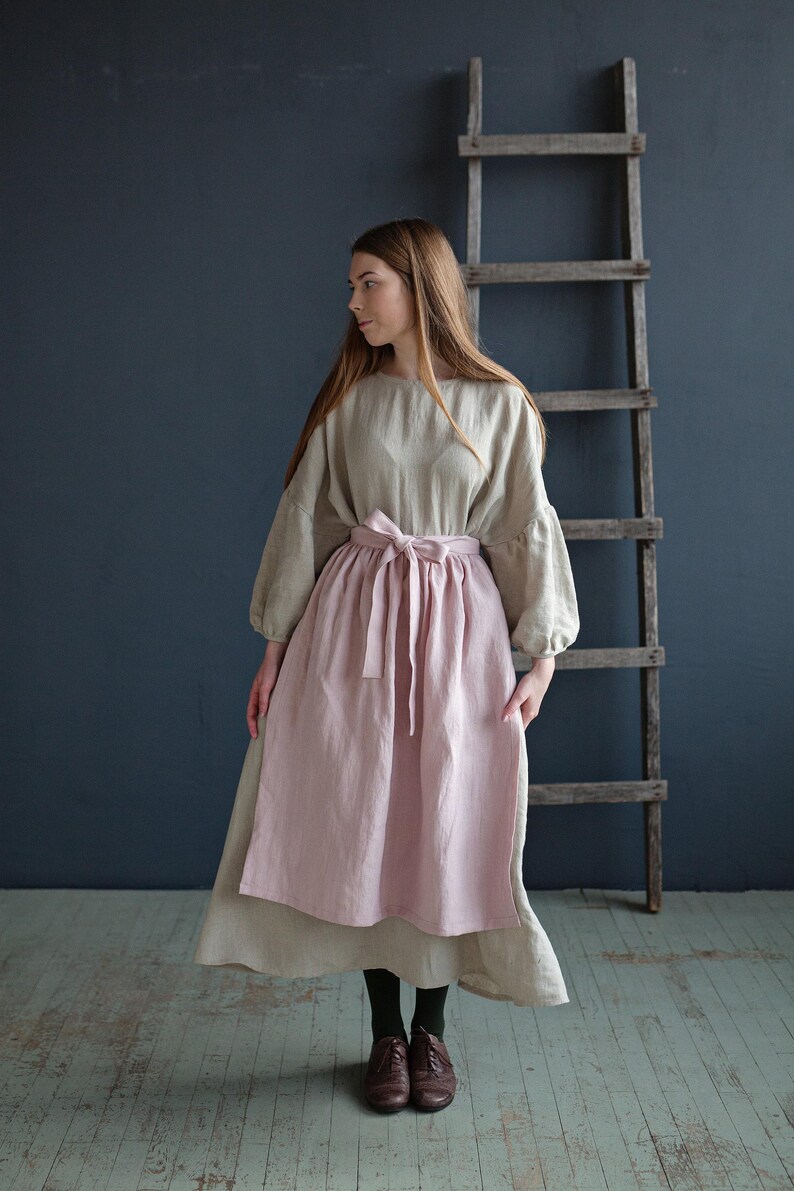 Baby Pink Linen Apron: Cottagecore Kitchen Skirt image 2