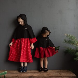 Black Little Red Riding Hood Cape, Different Embroideries, Hooded Linen Cape for Girls, Little Red Riding Hood Costume image 3