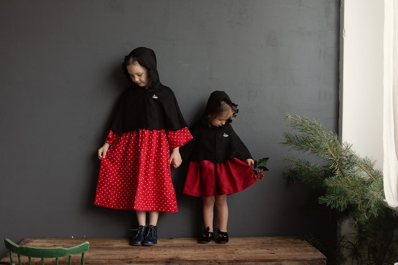 Black Little Red Riding Hood Cape, Different Embroideries, Hooded Linen Cape for Girls, Little Red Riding Hood Costume image 3