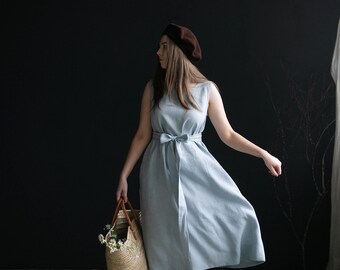 Baby Blue Sleeveless Dress, Linen Dress, A Line Linen Dress, A Line Dress, Linen Dress for Women, Linen Midi Dress, Flattering Dress