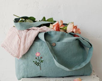 Mint Linen Tote Bag: Embroidered Floral Reversible Shoulder Bag