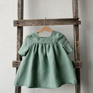Abito classico in lino a maniche corte color menta, abito in lino per neonati, abito per neonati, vestiti in lino per bambine, abiti per bambine, abbigliamento per bambini, abito in lino per bambine