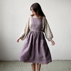 Mauve Midi Cross Back Pinafore, Linen Pinafore, Linen Apron, Cooking Apron, Kitchen Linen Apron, Apron for Women, Washed Linen Pinafore