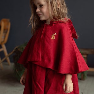 Cherry Little Red Riding Hood Cape, Different Embroideries, Hooded Linen Cape for Girls, Little Red Riding Hood Costume image 6