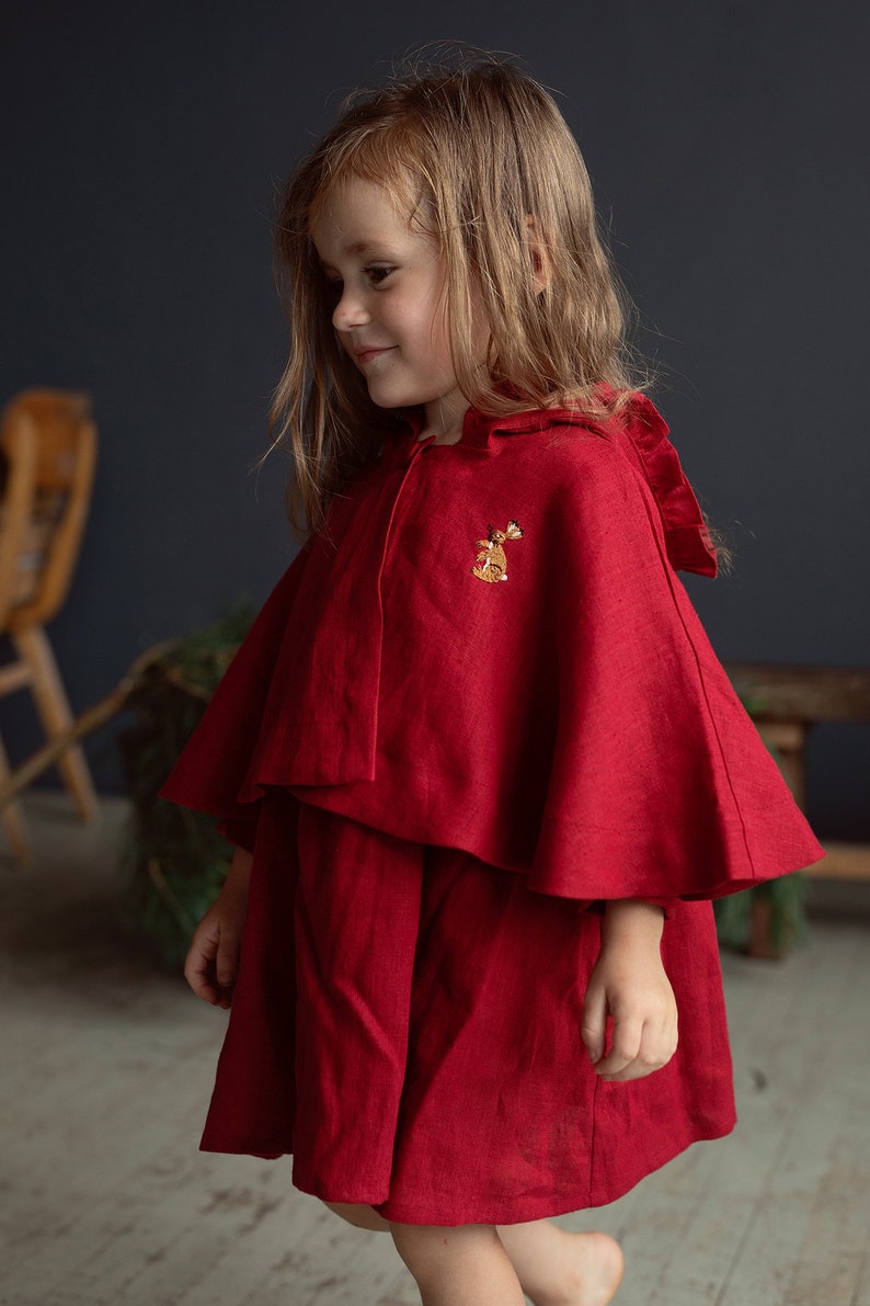 Cherry Little Red Riding Hood Cape, Different Embroideries, Hooded Linen Cape for Girls, Little Red Riding Hood Costume image 6