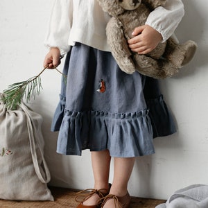 Dusty Blue Ruffle Skirt, Linen Ruffle Skirt, Different Embroideries, Baby Girl Skirt, Linen Clothes for Kids, Washed Linen Skirt image 5