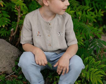 Embroidered Linen Kids Shirt: Natural Short Sleeve Unisex Top