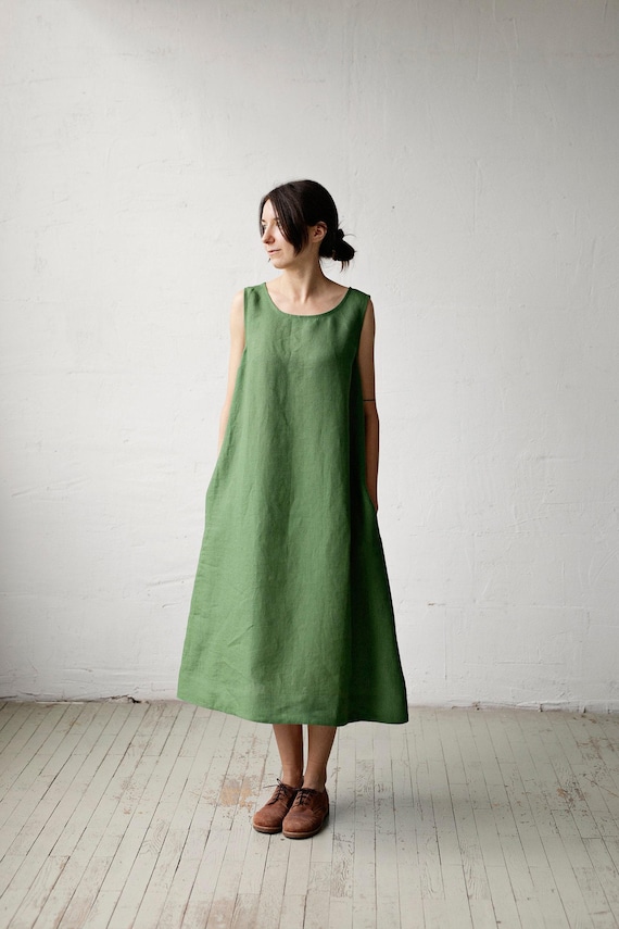 Apple Green Sleeveless Dress, Linen Dress, A Line Linen Dress, A Line Dress, Linen Dress for Women, Linen Midi Dress, Flattering Dress