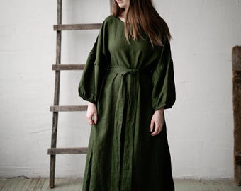 Forest Green Kimono Linen Dress: Oversized Maxi with Pockets